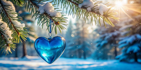 Serene Double Exposure: Blue Heart Hanging from Pine Branchの素材