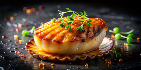 Seared Scallop on Black Background: Gourmet Food Photographyの素材