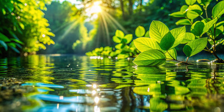 Serene Green Leaves Reflecting in Calm Water - Shallow Depth of Field Stock Photoの素材