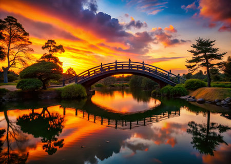 Serene Japanese Garden Silhouette: Bridge at Sunsetの素材