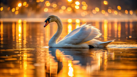 Serene Lone Swan in Dreamy Bokeh Lake at Sunsetの素材