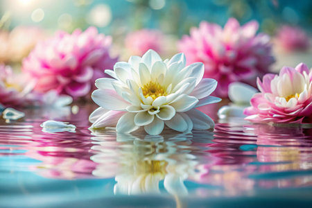 Serene Spa: Floating Flower Petals Reflecting in Tranquil Waterの素材