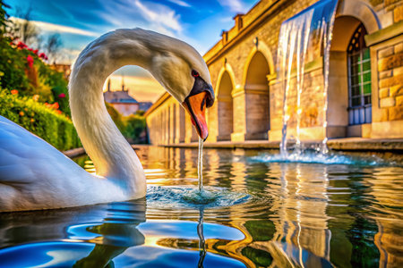 Serene Swan: Water Flowing Through Elegant Bird's Beak - Architectural Photographyの素材