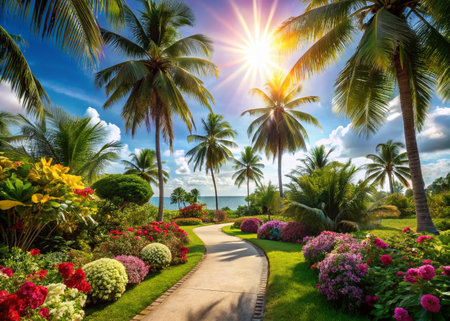 Serene Tropical Path: Lush Paradise Pathway Leading to Sunlightの素材