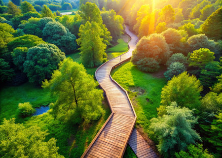 Serene Wooden Path: Drone View of a Peaceful Nature Walkの素材