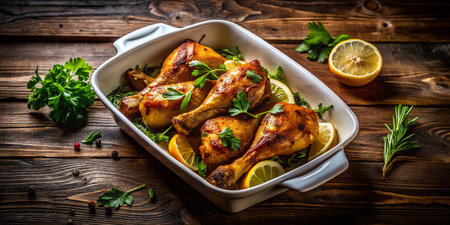 Silhouette of Baked Chicken Legs with Lemon &amp; Parsley in Rustic Casseroleの素材