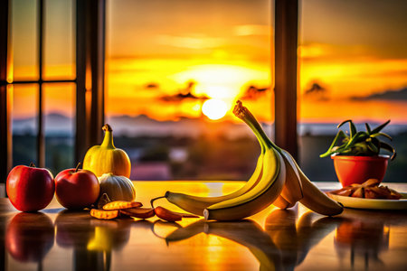 Silhouette of Banana Peel and Groceries on Kitchen Counterの素材