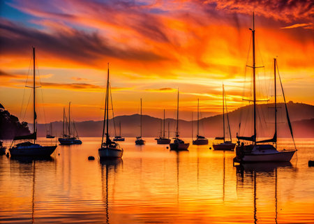 Silhouetted Sailboats at Sunset, Sausalito Bay, Californiaの素材