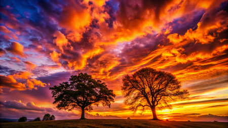 Silhouetted Trees Against Vibrant Sunset Sky and Dramatic Clouds - Stock Photoの素材