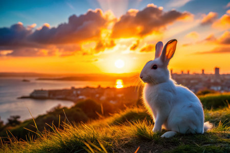 Silhouette of Cute White Rabbit Sitting in Wollongong, Australia at Sunsetの素材
