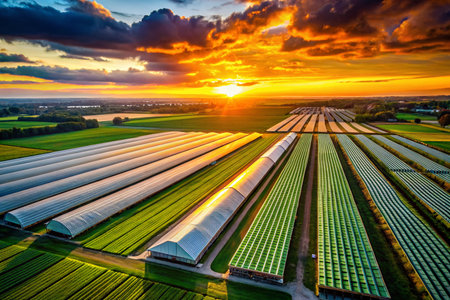 Silhouette of Greenhouses at Sunset - Aerial Drone Viewの素材