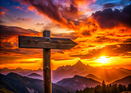 Silhouette of Mountain Signpost at Sunset - Dramatic Landscape Stock Photoの素材