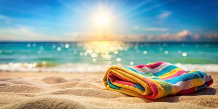 Soft Focus Beach Towel on Sand: Relaxing Summer Vacation Stock Photoの素材