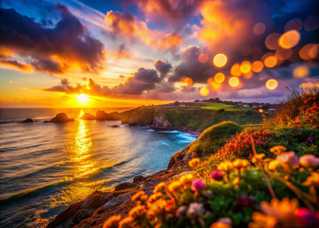 Stunning Bokeh Sunset Over Rodea Point, Dramatic Coastal Landscape Photographyの素材