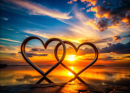 Silhouette of Two Hearts, Romantic Love Symbol, Dark Backgroundの素材