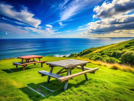 Sunny Ocean Picnic: Three tables on grassy hill overlooking stunning blue seaの素材