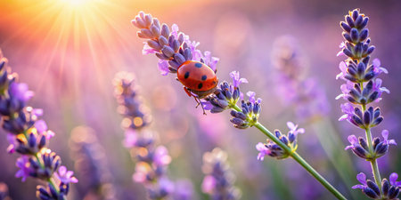 Sunny Lavender Field with Ladybug - Close-Up Macro Photographyの素材