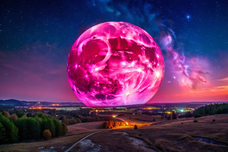 Super Pink Moon April 2020 Panoramic Night Sky Lunar Landscapeの素材