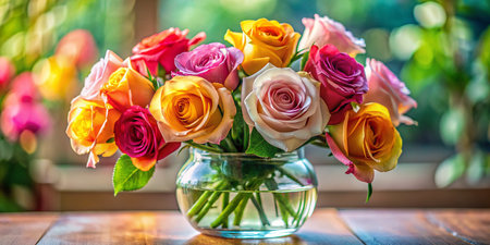 Vibrant Colorful Roses in Glass Vase - Beautiful Flower Arrangement Stock Photoの素材