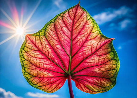 Vibrant Asian Caladium Leaf Against a Blue Sky - Stock Photoの素材
