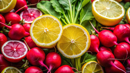 Vibrant Close-up of Fresh Radishes and Lemon Slicesの素材