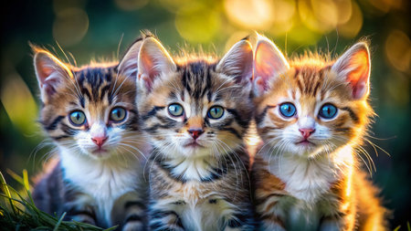 Three Adorable Kittens with Unique Fur Patterns, High Depth of Field Stock Photoの素材