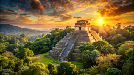 Vintage Mayan Pyramid Temple Sunset Rainforest Stock Photoの素材