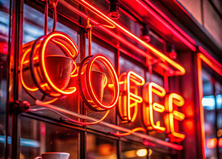 Vintage Red Neon Coffee Shop Sign - Left Side Close-Up Stock Photoの素材