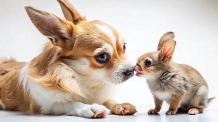 Vintage Photo: Chihuahua Licking Rabbit, White Background, Pet Friendshipの素材