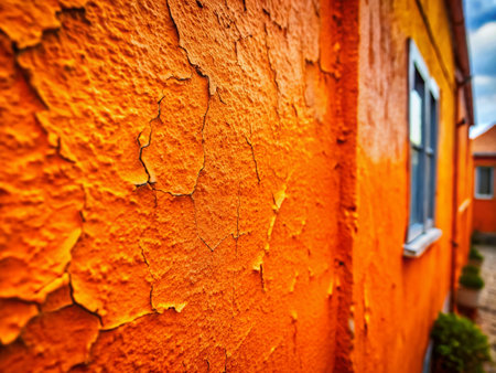 Vibrant Orange House Exterior Macro Detail, Architectural Texture, Close-up Painted Wallの素材