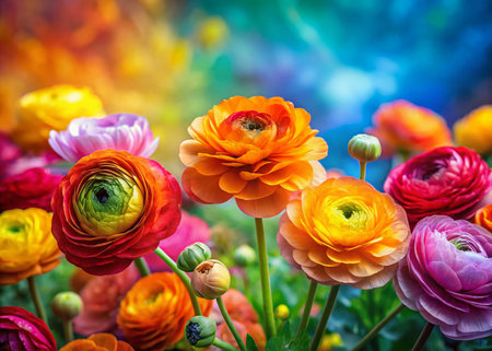 Vibrant Ranunculus Abstract Background: Colorful Floral Design with Copy Spaceの素材