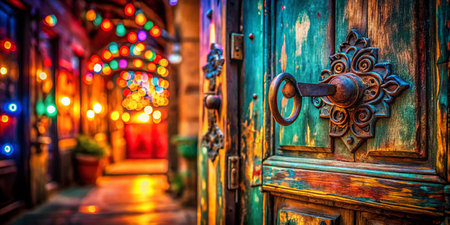 Vibrant Night Doorway: Vintage Wooden Door &amp; Handle Stock Photoの素材