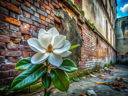 Urban Decay Magnolia Bloom: Louisiana State Flower in Abandoned Buildingの素材
