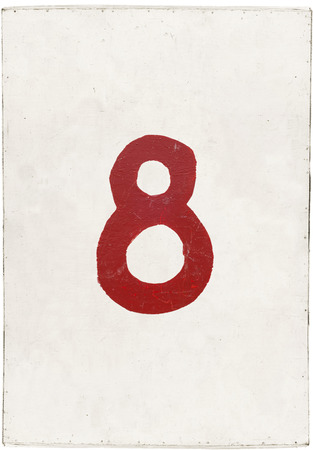 number eight on white plywood board, isolated on white backgroundの写真素材