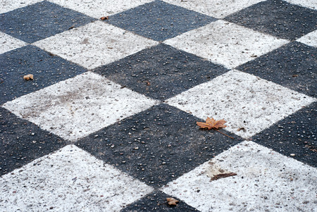chess board painted on the asphalt ground in autumnの写真素材