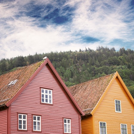 colorful traditional houses with a lot of windows in Bergen, Norwayの写真素材