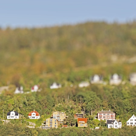 Landscape of Norway, mountains in fog, view from trainの写真素材