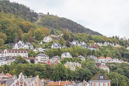 Colorful Landscape Of Norway, Bergen, mountain and foothill housesの写真素材