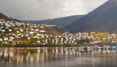 Colorful Landscape Of Norway, Bergen, mountain and foothill housesの写真素材