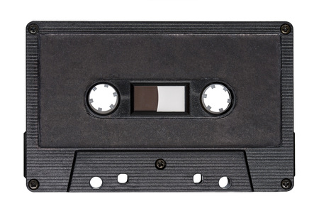 Retro black audio tape isolated on white backgroundの写真素材