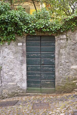 Green creeper on the brick stucco cracked wall with green door.の写真素材