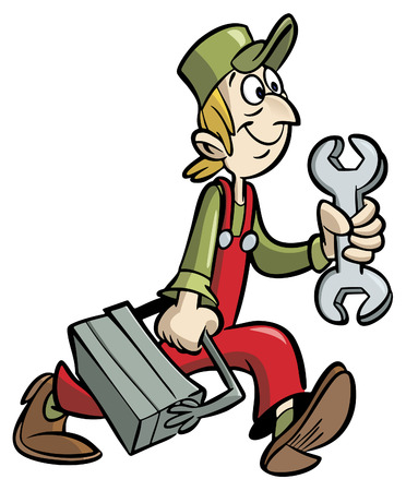 Handyman cartoon holding wrench and tool boxのイラスト素材