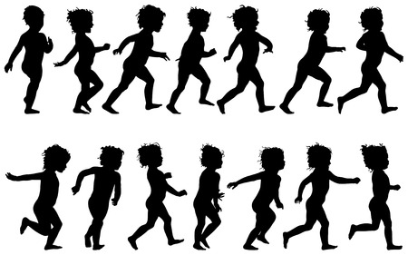 child running, black silhouettes, fourteen different postures のイラスト素材
