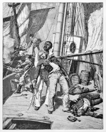 Old illustration showing Garibaldi wounded in a naval combat.の写真素材