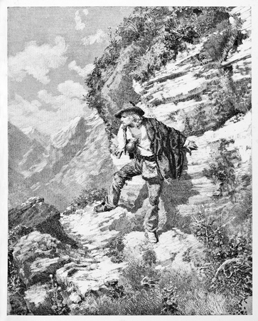 Old illustration showing young Garibaldi runaway in the mountains of Sestri Levante, Italy.のeditorial素材
