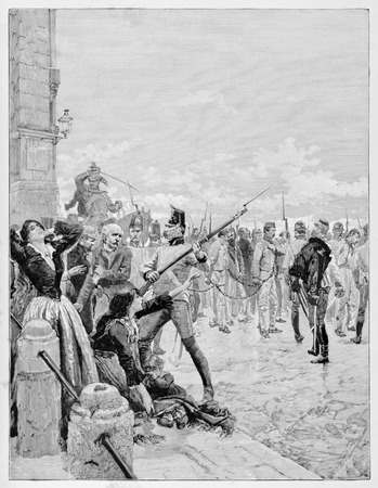 Old illustration of Belfiore martyrs, death sentenced by Austrian governor Joseph Radetzky, chained and led to the slaughter in Mantua, 1853.のeditorial素材