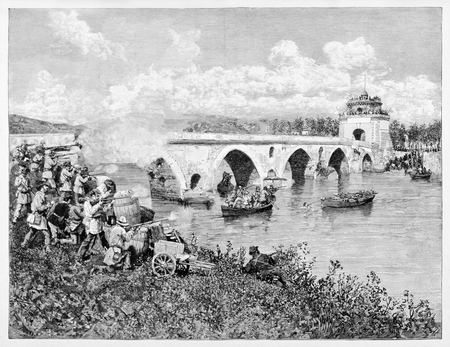 Old illustration of Milvian Bridge bombing (Rome, 1849) by Garibaldian troops, to impede French army advance.のeditorial素材