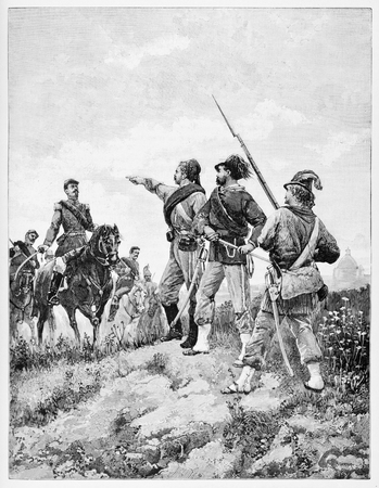 Old illustration of contrast between french and Italian soldiers near Rome in 1849.のeditorial素材