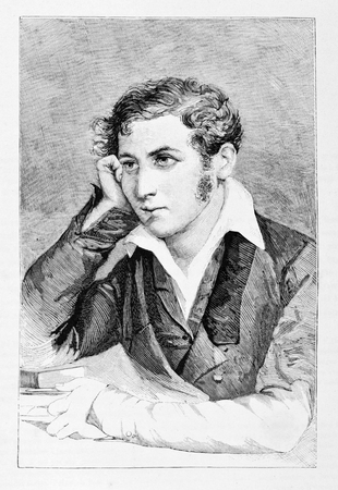 Old engraved portrait of young Carlo Cattaneo, Italian writer and patriot.の写真素材
