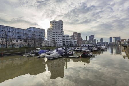 Duesseldorf - View to Marina and Media Harbour at High Tide,  Germany, North Rhine Westphalia, Duesseldorf, 11.01.2018のeditorial素材